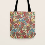 Large-Scale Dahlias, Frogs, Snakes, Praying Mantis in Red and Blue Tote Bag Gallery Image 1