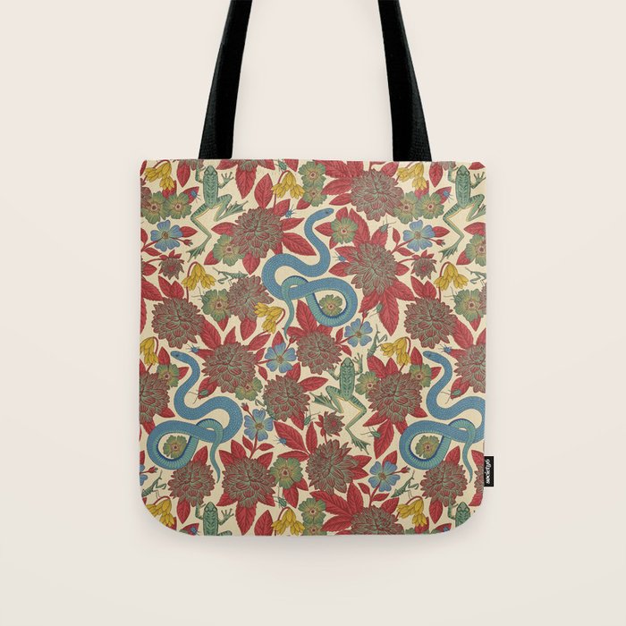 Large-Scale Dahlias, Frogs, Snakes, Praying Mantis in Red and Blue Tote Bag Gallery Image 1