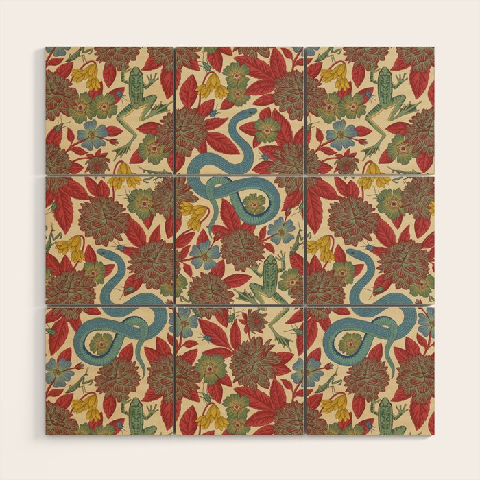 Large-Scale Dahlias, Frogs, Snakes, Praying Mantis in Red and Blue Wood Wall Art Gallery Image 1