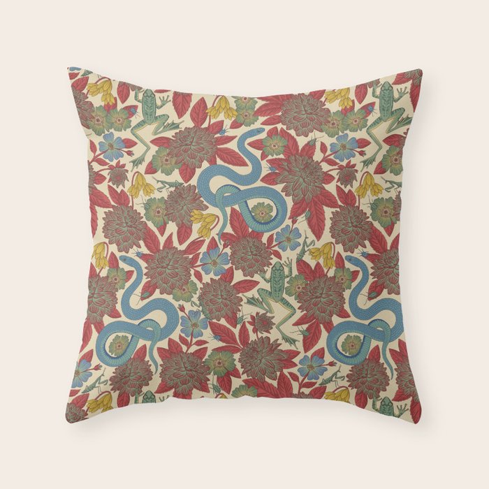 Large-Scale Dahlias, Frogs, Snakes, Praying Mantis in Red and Blue Throw Pillow Gallery Image 1
