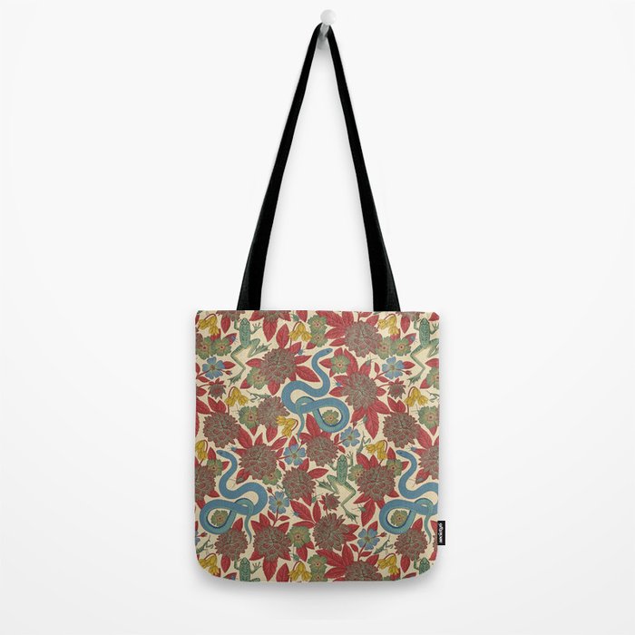 Large-Scale Dahlias, Frogs, Snakes, Praying Mantis in Red and Blue Tote Bag Gallery Image 2