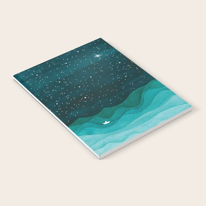 Starry Ocean, teal sailboat watercolor sea waves night Notebook Gallery Image 2