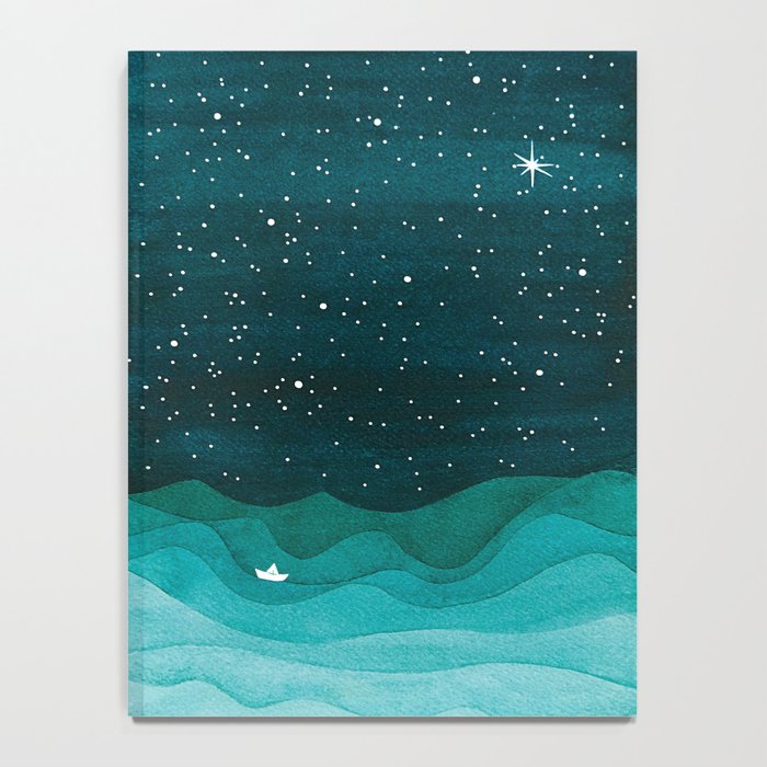 Starry Ocean, teal sailboat watercolor sea waves night Notebook Gallery Image 4