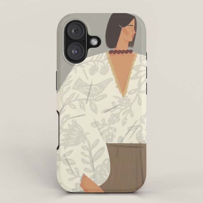  portrait of a fragile woman in a white embroidered shirt on a blue background iPhone Case Gallery Image 1