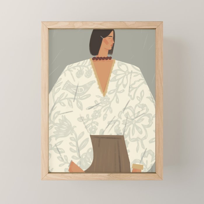  portrait of a fragile woman in a white embroidered shirt on a blue background Mini Art Print Gallery Image 1
