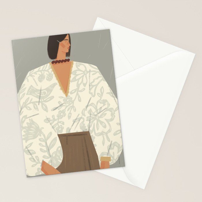  portrait of a fragile woman in a white embroidered shirt on a blue background Stationery Card Gallery Image 2