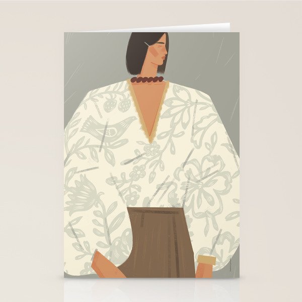  portrait of a fragile woman in a white embroidered shirt on a blue background Stationery Card Gallery Image 2