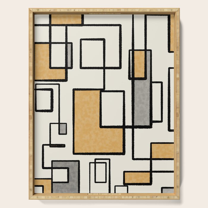 Piet Composition - Mid-Century Modern Minimalist Geometric Abstract in Muted Mustard Gold Gray Cream Serving Tray Gallery Image 1