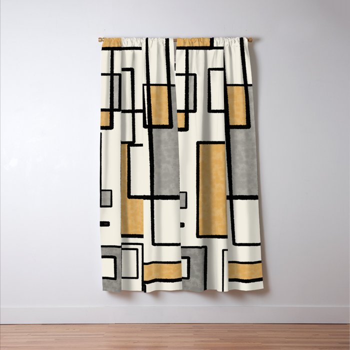 Piet Composition - Mid-Century Modern Minimalist Geometric Abstract in Muted Mustard Gold Gray Cream Window Curtain Gallery Image 3