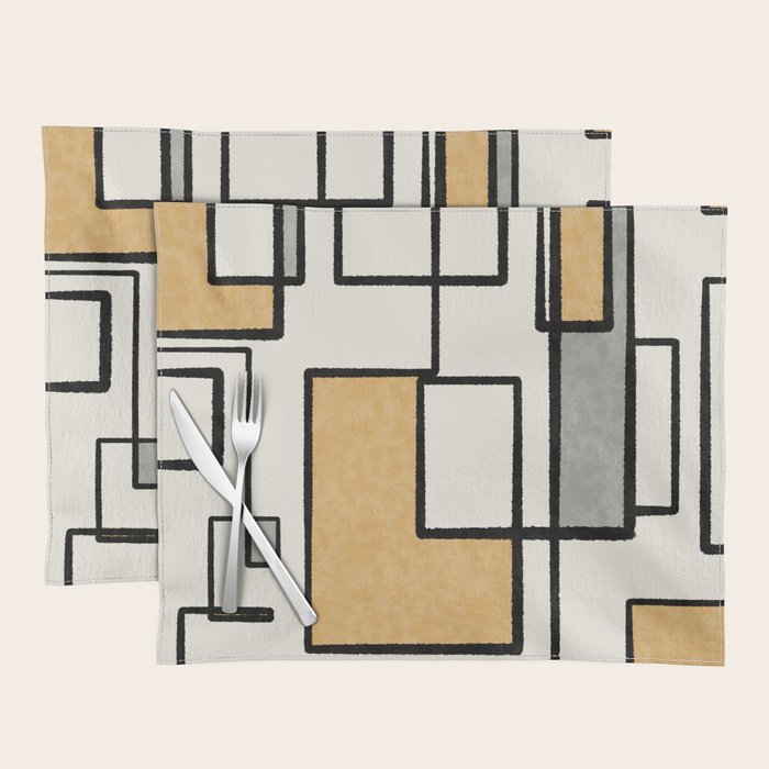 Piet Composition - Mid-Century Modern Minimalist Geometric Abstract in Muted Mustard Gold Gray Cream Placemat Gallery Image 1