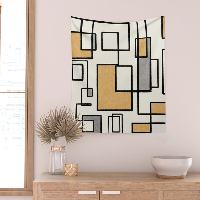 Piet Composition - Mid-Century Modern Minimalist Geometric Abstract in Muted Mustard Gold Gray Cream Wall Tapestry Gallery Image 2