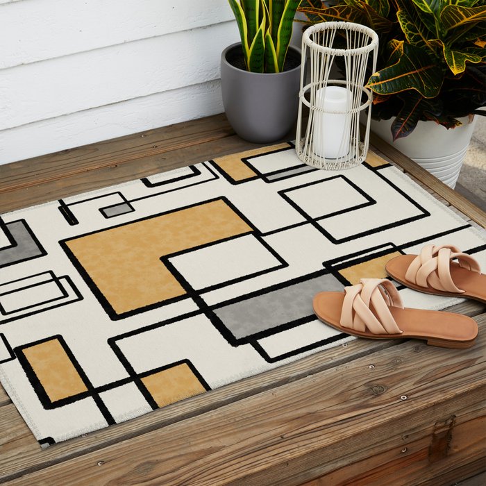 Piet Composition - Mid-Century Modern Minimalist Geometric Abstract in Muted Mustard Gold Gray Cream Outdoor Rug Gallery Image 2