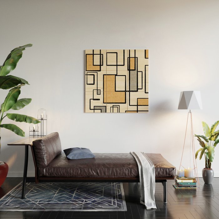 Piet Composition - Mid-Century Modern Minimalist Geometric Abstract in Muted Mustard Gold Gray Cream Wood Wall Art Gallery Image 2
