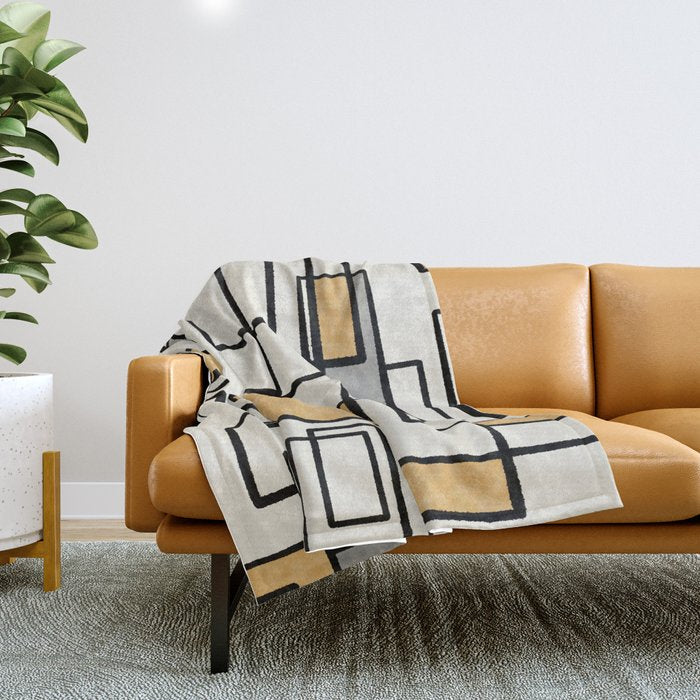 Piet Composition - Mid-Century Modern Minimalist Geometric Abstract in Muted Mustard Gold Gray Cream Throw Blanket Gallery Image 1
