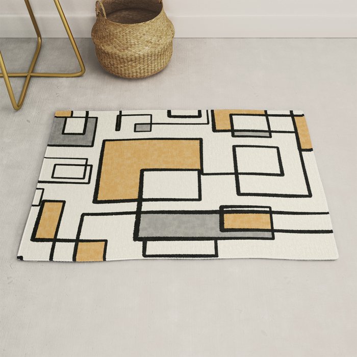 Piet Composition - Mid-Century Modern Minimalist Geometric Abstract in Muted Mustard Gold Gray Cream Rug Gallery Image 1
