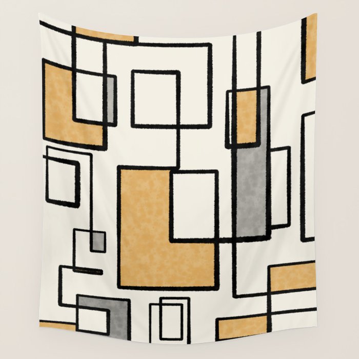 Piet Composition - Mid-Century Modern Minimalist Geometric Abstract in Muted Mustard Gold Gray Cream Wall Tapestry Gallery Image 4