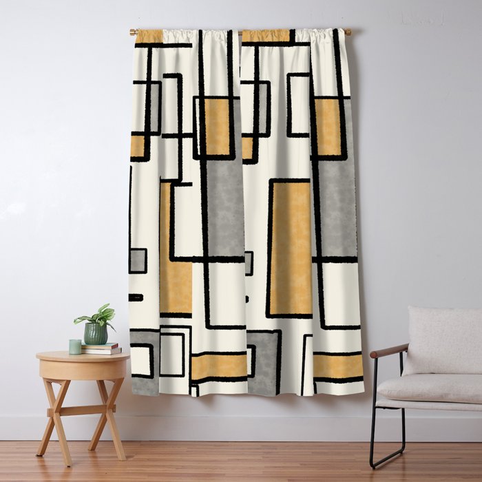 Piet Composition - Mid-Century Modern Minimalist Geometric Abstract in Muted Mustard Gold Gray Cream Window Curtain Gallery Image 5