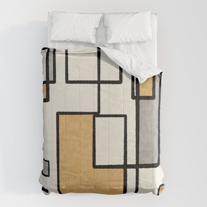Piet Composition - Mid-Century Modern Minimalist Geometric Abstract in Muted Mustard Gold Gray Cream Comforter Gallery Image 1