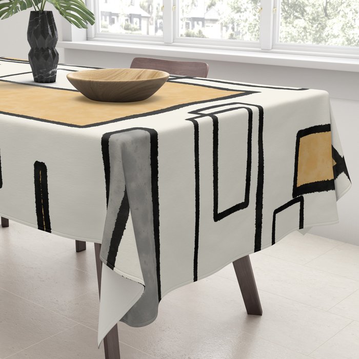 Piet Composition - Mid-Century Modern Minimalist Geometric Abstract in Muted Mustard Gold Gray Cream Tablecloth Gallery Image 3