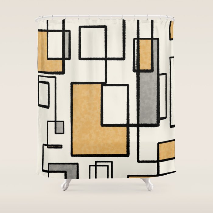 Piet Composition - Mid-Century Modern Minimalist Geometric Abstract in Muted Mustard Gold Gray Cream Shower Curtain Gallery Image 1