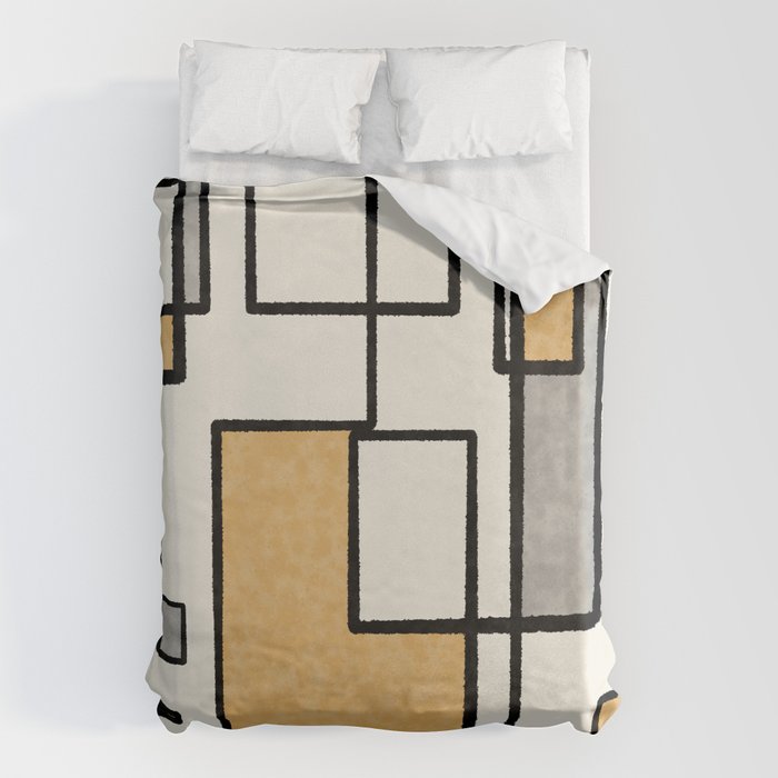 Piet Composition - Mid-Century Modern Minimalist Geometric Abstract in Muted Mustard Gold Gray Cream Duvet Cover Gallery Image 6