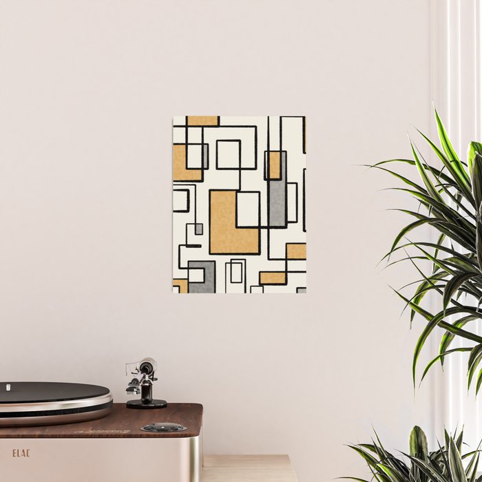 Piet Composition - Mid-Century Modern Minimalist Geometric Abstract in Muted Mustard Gold Gray Cream Poster Gallery Image 2