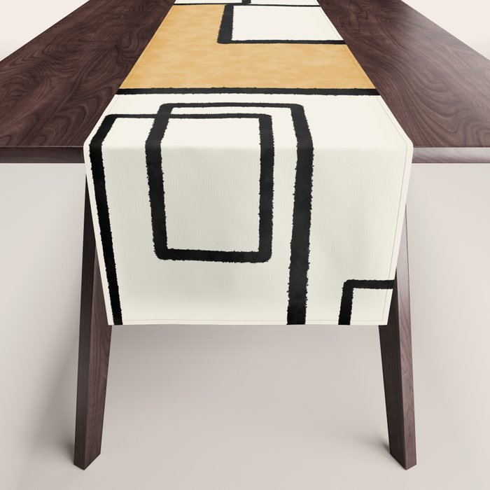 Piet Composition - Mid-Century Modern Minimalist Geometric Abstract in Muted Mustard Gold Gray Cream Table Runner Gallery Image 1