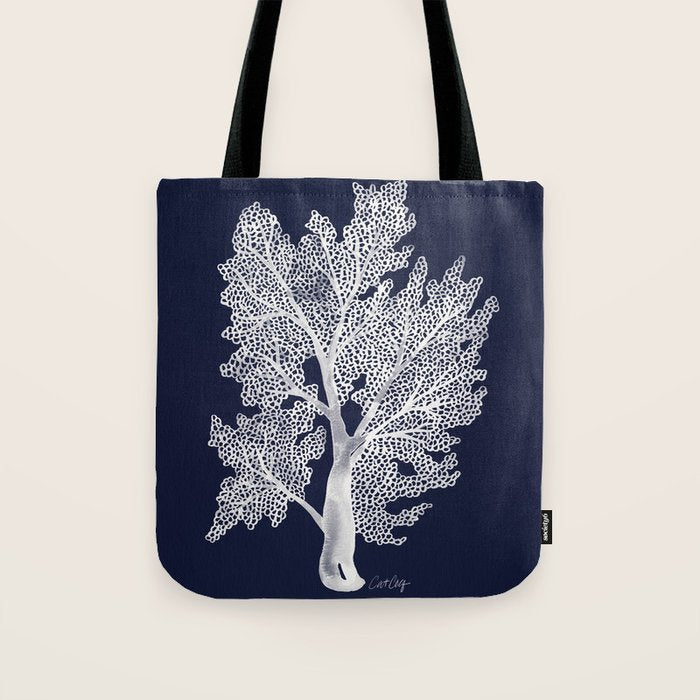 Sea Fan Coral - White on Navy Tote Bag Gallery Image 1