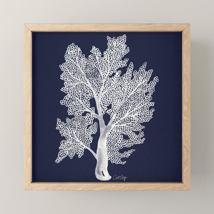 Sea Fan Coral - White on Navy Mini Art Print Gallery Image 1