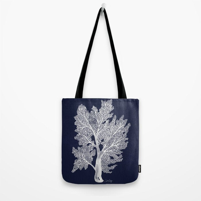 Sea Fan Coral - White on Navy Tote Bag Gallery Image 2