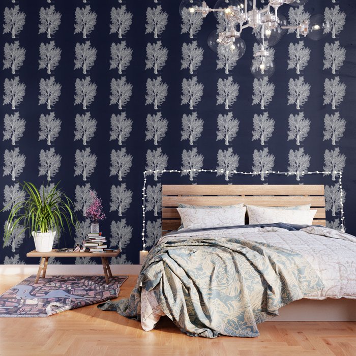 Sea Fan Coral - White on Navy Wallpaper Gallery Image 1