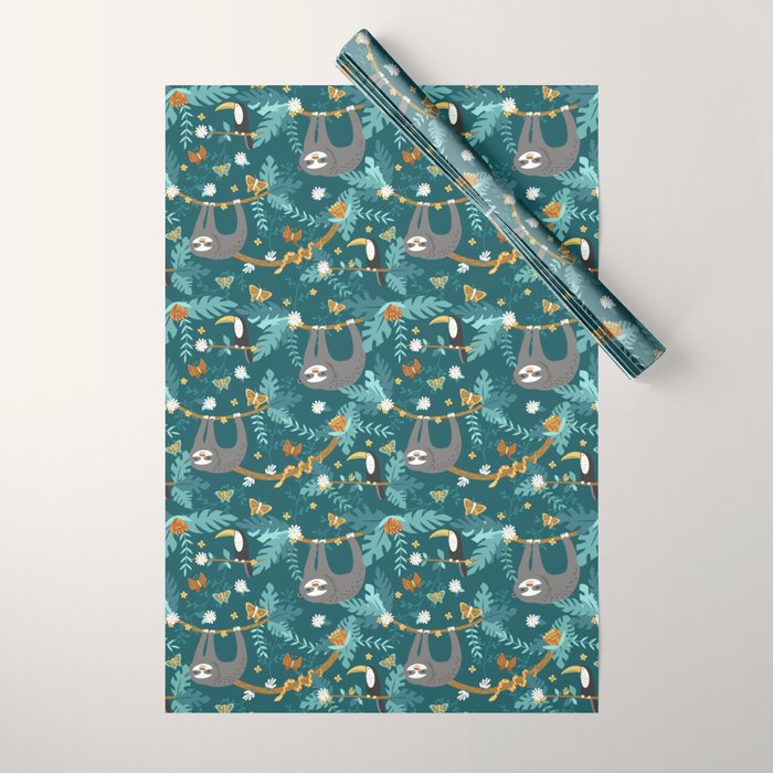 Sloth Hanging in a Teal Forest Wrapping Paper Gallery Image 1