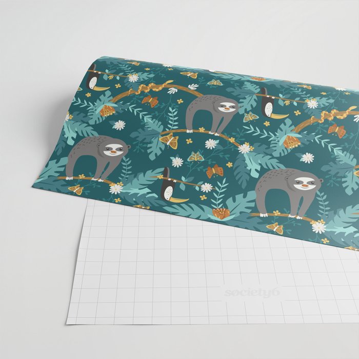 Sloth Hanging in a Teal Forest Wrapping Paper Gallery Image 2