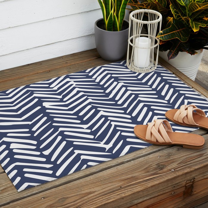 Boho Herringbone Pattern, Navy Blue and White Outdoor Rug Gallery Image 2