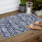 Boho Herringbone Pattern, Navy Blue and White Outdoor Rug Gallery Image 2