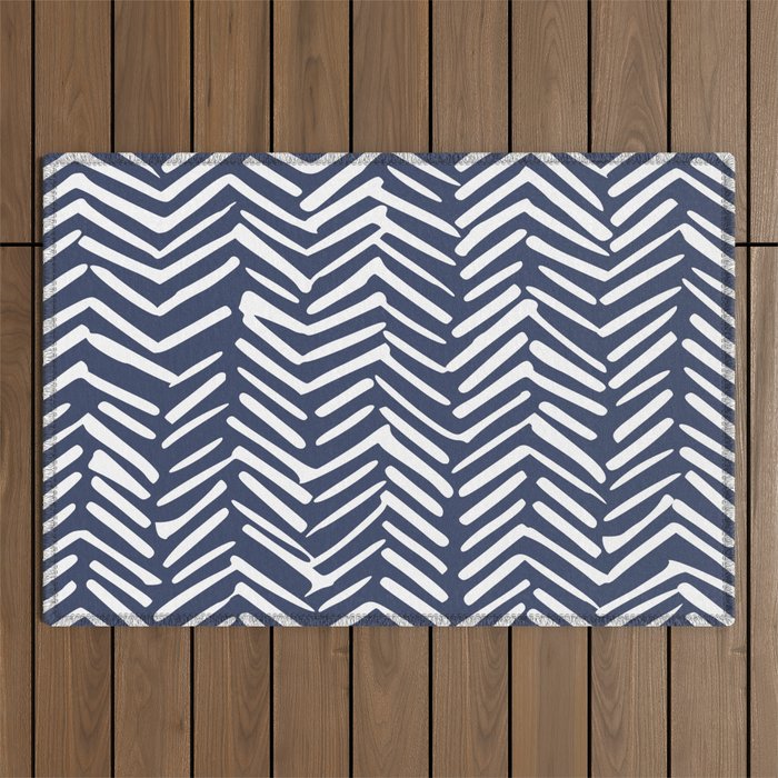 Boho Herringbone Pattern, Navy Blue and White Outdoor Rug Gallery Image 1