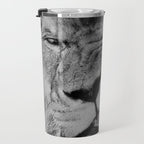 Grouchy Lion being kissed by brunette girl black and white photography Travel Mug Gallery Image 3
