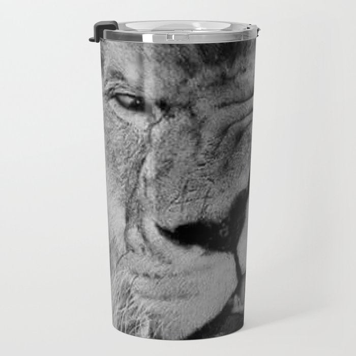 Grouchy Lion being kissed by brunette girl black and white photography Travel Mug Gallery Image 3