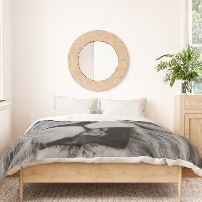 Grouchy Lion being kissed by brunette girl black and white photography Duvet Cover Gallery Image 3