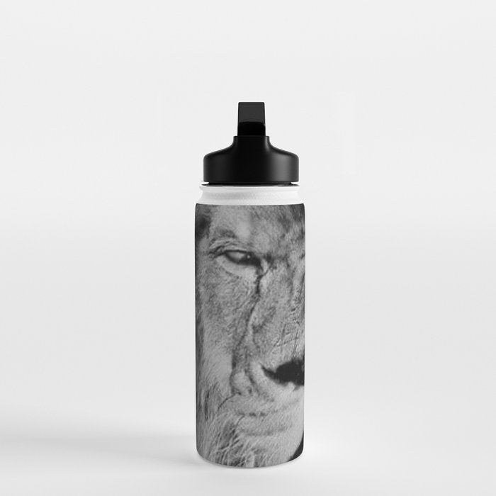 Grouchy Lion being kissed by brunette girl black and white photography Water Bottle Gallery Image 3