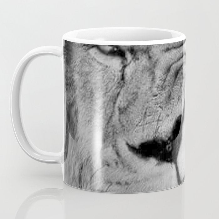 Grouchy Lion being kissed by brunette girl black and white photography Coffee Mug Gallery Image 3