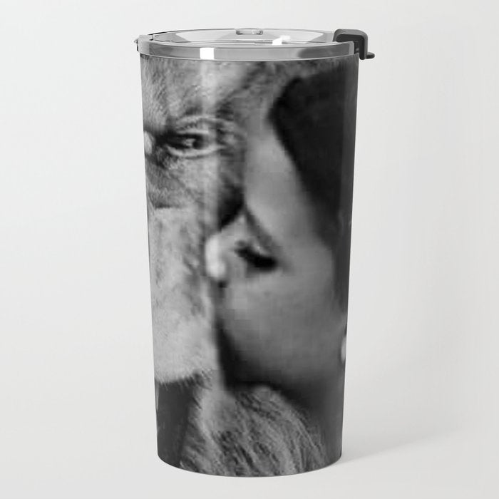 Grouchy Lion being kissed by brunette girl black and white photography Travel Mug Gallery Image 2