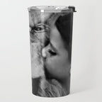 Grouchy Lion being kissed by brunette girl black and white photography Travel Mug Gallery Image 2