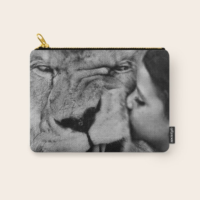 Grouchy Lion being kissed by brunette girl black and white photography Carry All Pouch Gallery Image 1