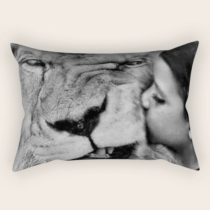 Grouchy Lion being kissed by brunette girl black and white photography Rectangular Pillow Gallery Image 2