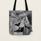 Grouchy Lion being kissed by brunette girl black and white photography Tote Bag Gallery Image 1
