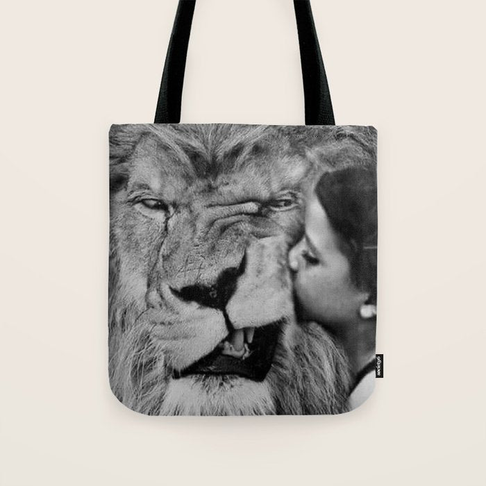 Grouchy Lion being kissed by brunette girl black and white photography Tote Bag Gallery Image 1