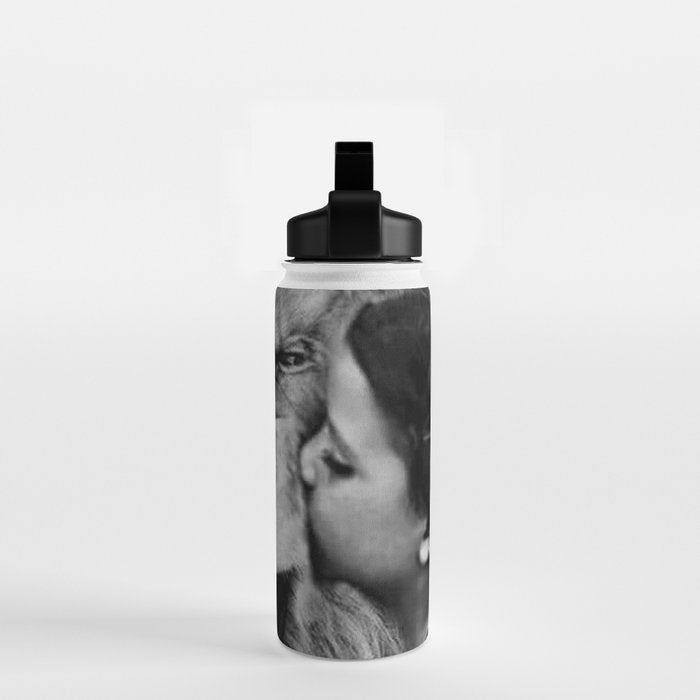 Grouchy Lion being kissed by brunette girl black and white photography Water Bottle Gallery Image 2
