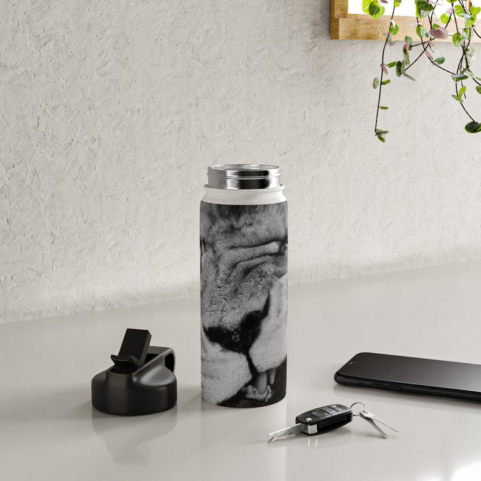 Grouchy Lion being kissed by brunette girl black and white photography Water Bottle Gallery Image 4