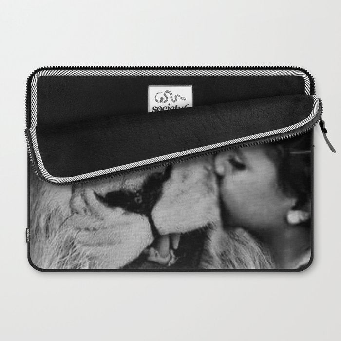 Grouchy Lion being kissed by brunette girl black and white photography Laptop Sleeve Gallery Image 2